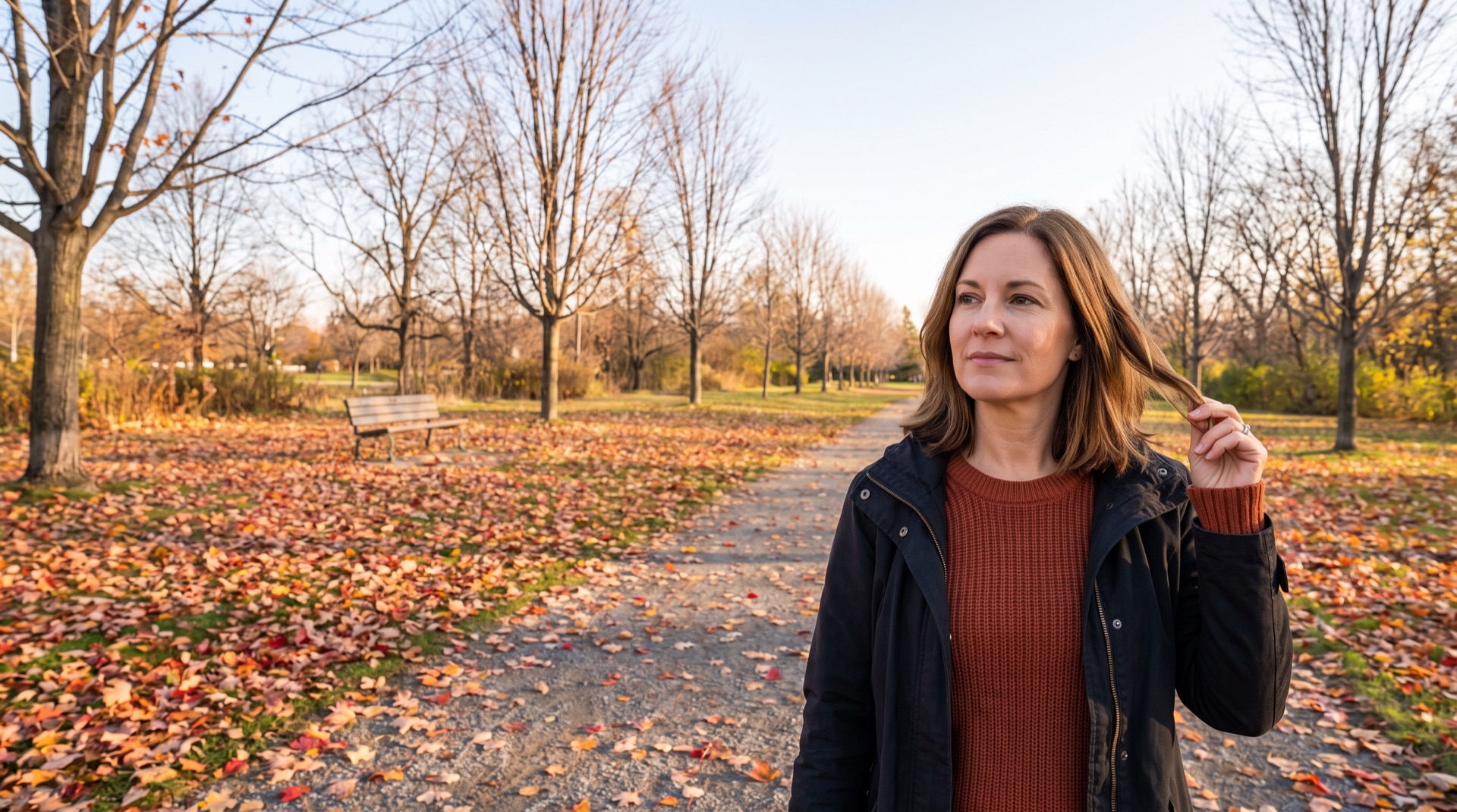 Frau mit braunen Haaren im herbstlichen Park mit Laub auf dem Weg – saisonaler Haarausfall im Herbst